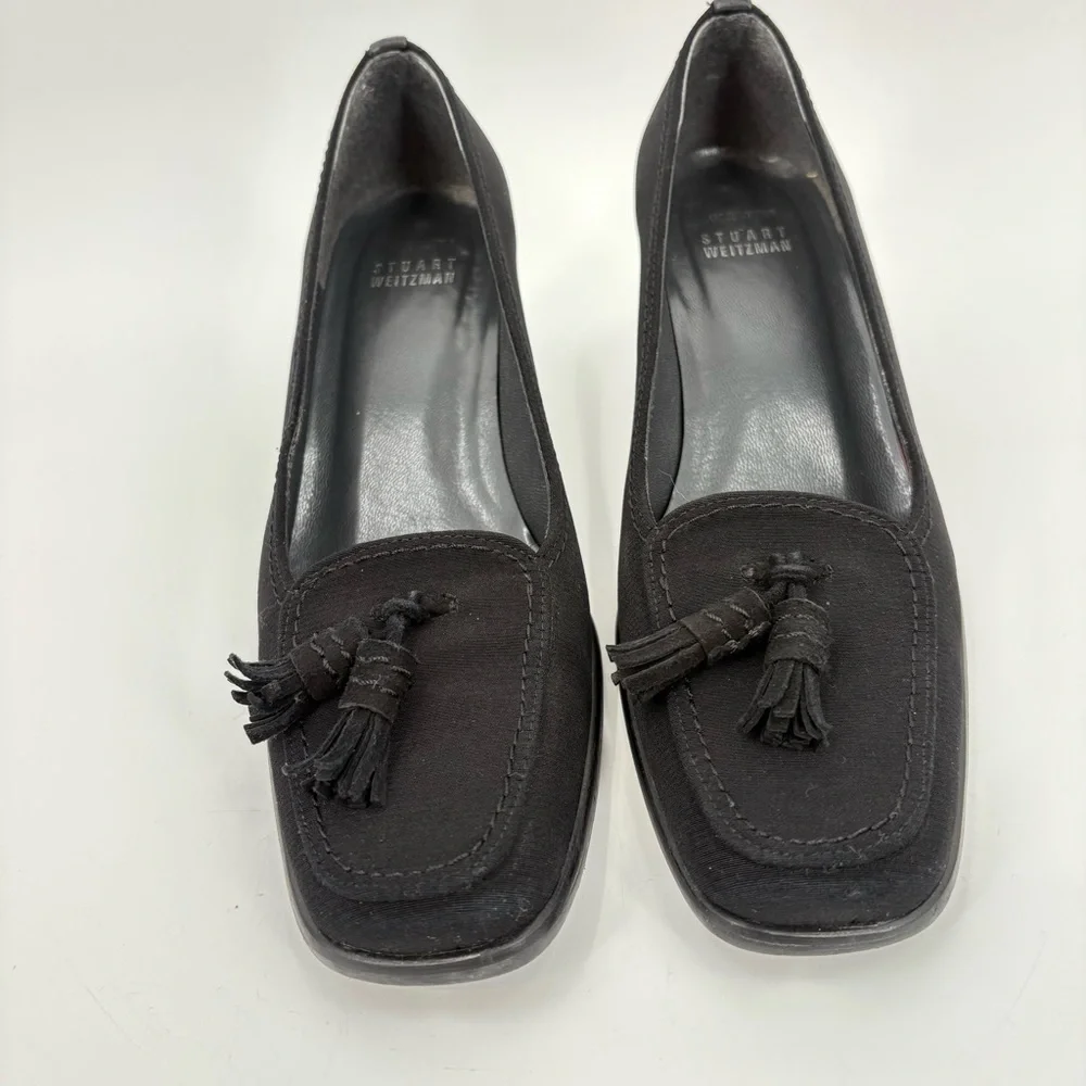 Stuart Weitzman Sude Leather Square‎ Toe Tassel Pumps Black 8N